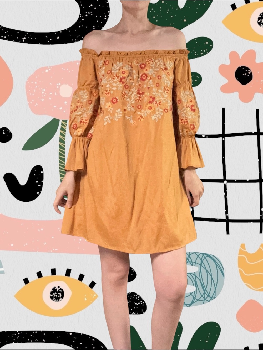Ivy | Mustard Yellow Floral Embroidered Off The Shoulder Mini Dress